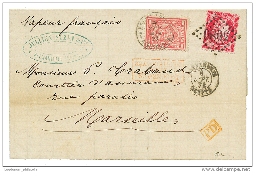 1873 MIXTE FRANCE 80c CERES Obl. GC 5080 + EGYPTE 1P Obl. ALESSANDRIA Sur Lettre Pour La FRANCE. Signé CALVES. Su - Autres & Non Classés