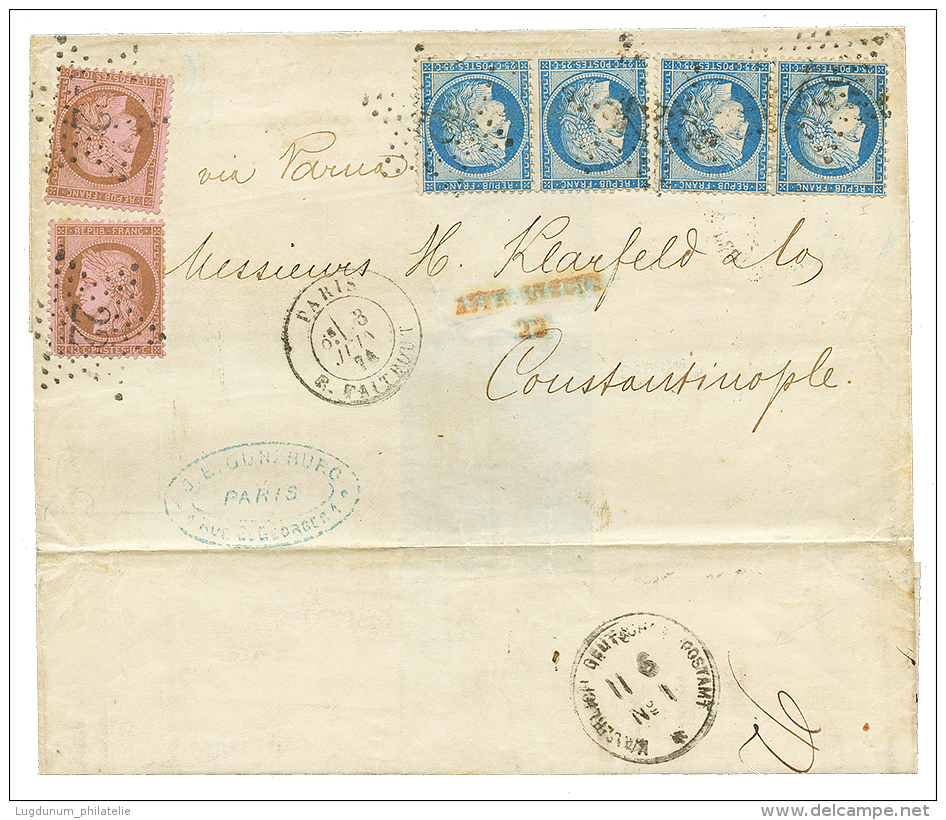 1874 CERES 10c(x2) + 25c(x4) Obl. Etoile Sur Lettre De PARIS "VOIE De VARNA" Pour CONSTANTINOPLE. Verso, Cachet Du Burea - Altri & Non Classificati