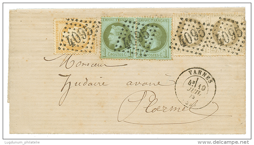 1872 Paire 1c(n°25) + Paire 4c(n°27) + 15c CERES Obl. GC 4095 + T.17 VANNES Sur Lettre Pour PLOERMEL. Superbe Co - Autres & Non Classés