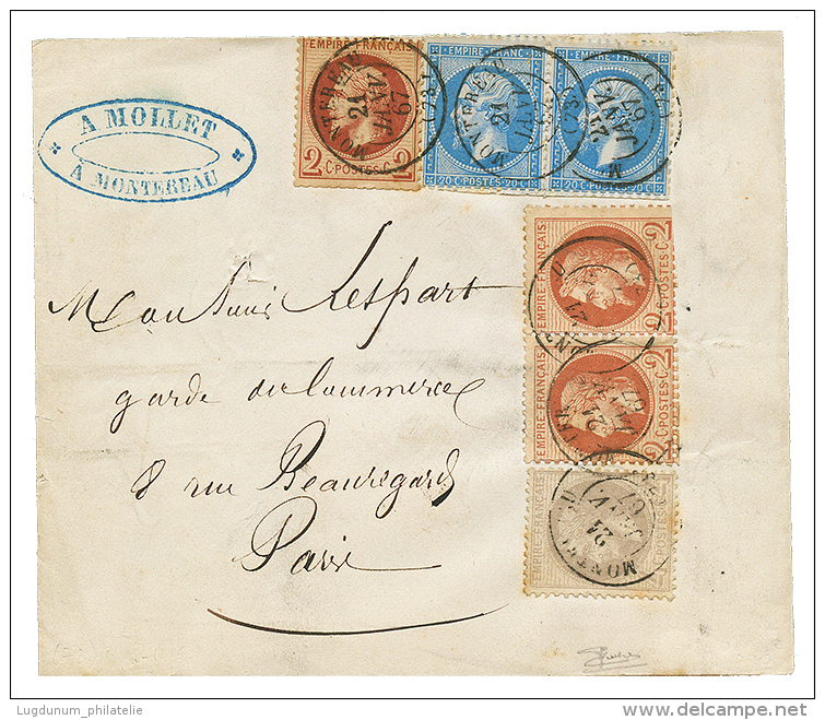 1867 2c(n°26)x3 Pd + Paire 20c(n°22) + 4c(n°27) Obl. T.15 MONTEREAU Sur BANDE D'IMPRIME (PAPIERS D'AFFAIRES) - Autres & Non Classés