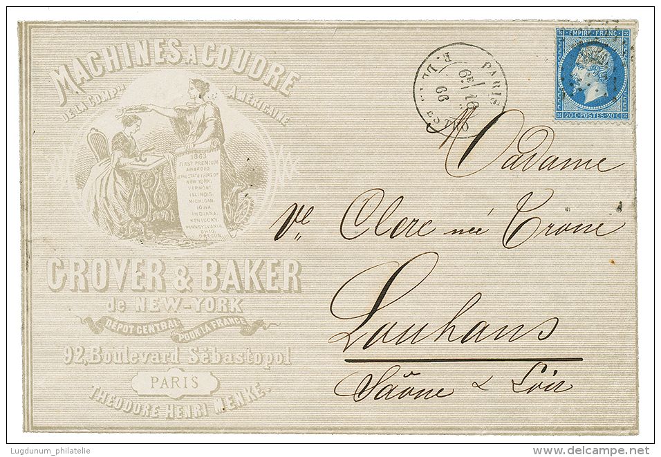 1866 20c(n°22) Obl. Etoile Sur Magnifique Enveloppe Décorée "MACHINE A COUDRE CROVER &amp; BAKER". TTB - Otros & Sin Clasificación