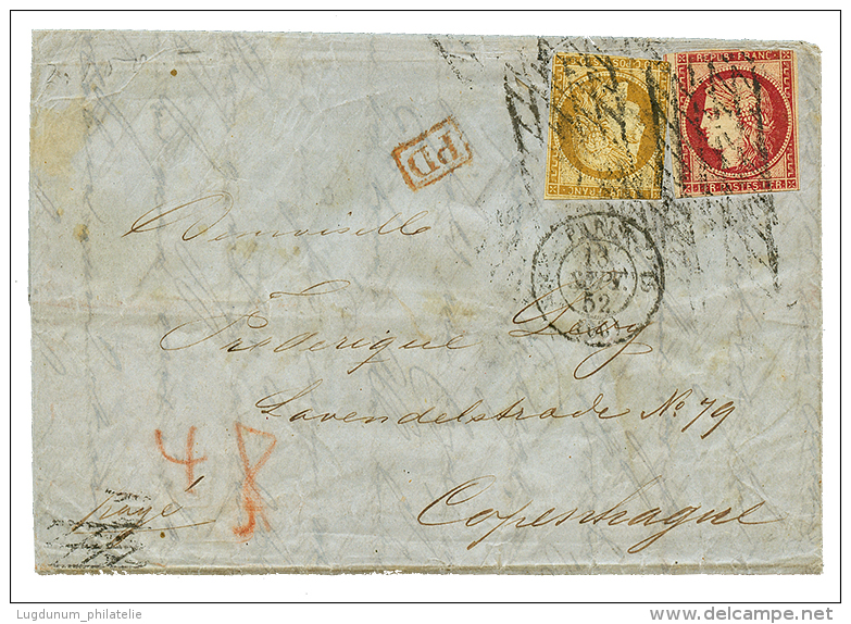 "Tarif à 1F10 Pour Le DANEMARK" : 1852 10c(n°1) + 1F(n°6) Obl. GRILLE SAN FIN Sur Lettre Avec Texte De PA - Other & Unclassified