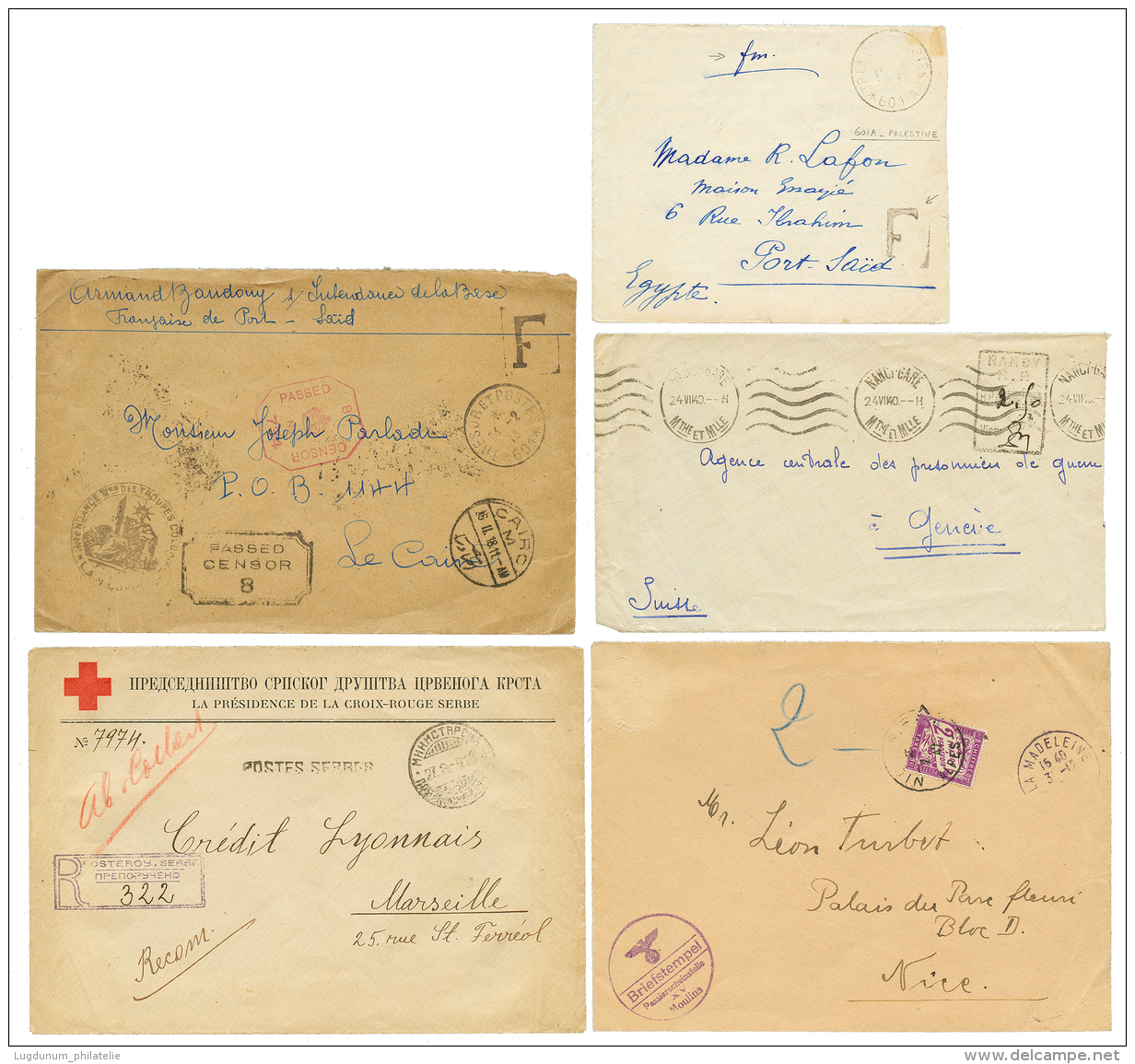 POSTE MILITAIRE : TB Lot De 5 Lettres Dont SP 601A PALESTINE, CROIX ROUGE SERBE. TTB. - Autres & Non Classés