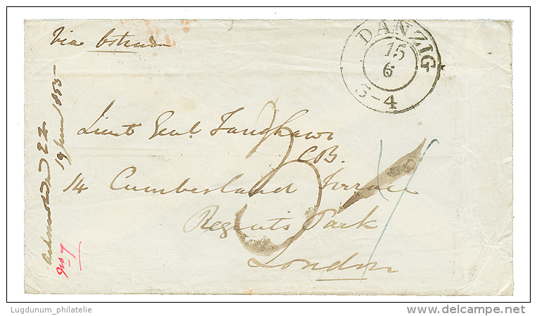 "ESCADRE DE LA BALTIQUE - NARGEN(ESTONIA)" : 1855 DANZIG + TAxe 3 Sur Enveloppe Avec Texte Daté "HMS COPACK, NARG - Altri & Non Classificati