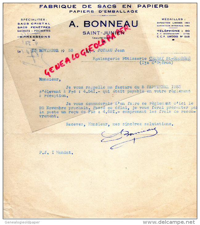 87 - ST SAINT JUNIEN- FACTURE  A. BONNEAU   PAPETERIE- MANUFACTURE PAPIERS SACS- 1953 - 1950 - ...