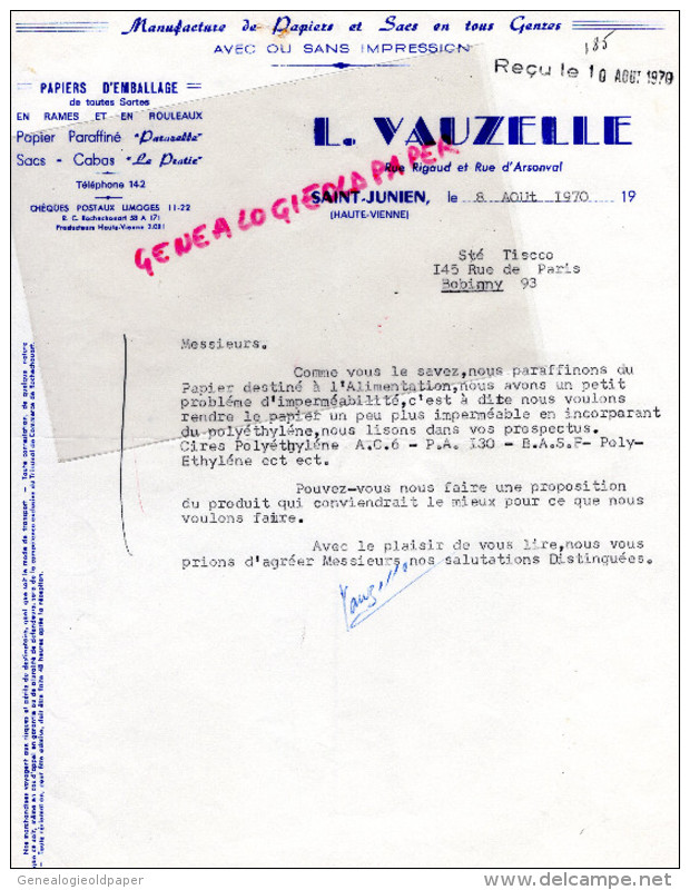 87 - ST SAINT JUNIEN- FACTURE L. VAUZELLE - PAPETERIE- MANUFACTURE PAPIERS SACS- IMPRIMERIE -1970 - 1950 - ...