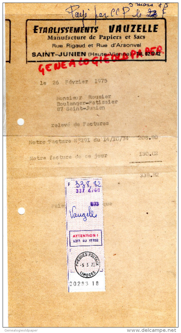87 - ST SAINT JUNIEN- FACTURE L. VAUZELLE  -MANUFACTURE PAPIERS SACS-PAPETERIE -1975 - 1950 - ...
