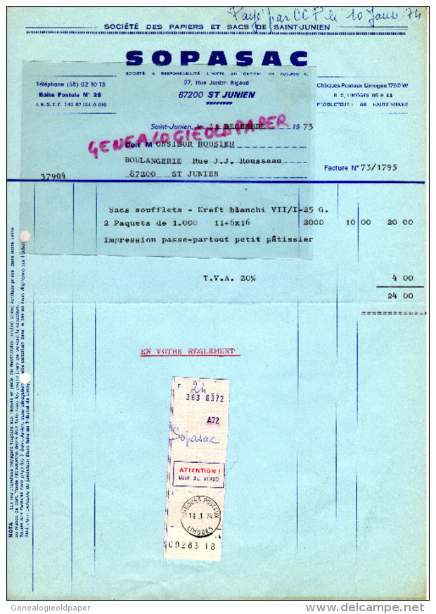 87 - ST SAINT JUNIEN- FACTURE SOPASAC   PAPIERS SACS-PAPETERIE - IMPRIMERIE-27 RUE JUNIEN RIGAUD-1973 - Druck & Papierwaren