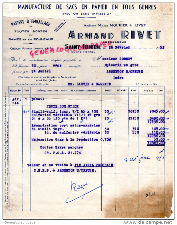 87 - ST SAINT JUNIEN- FACTURE ARMAND RIVET- MOURIER  PAPIERS SACS-PAPETERIE - IMPRIMERIE- 1952 - Druck & Papierwaren