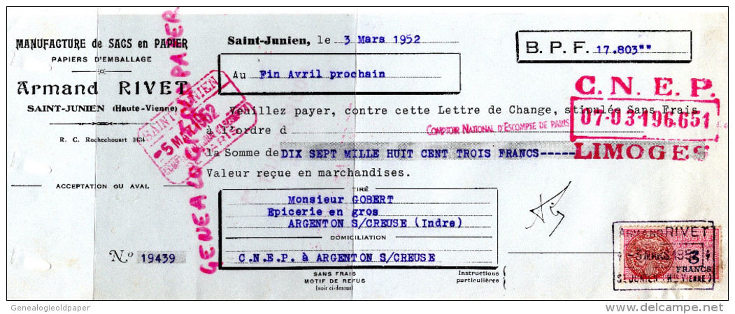 87 - ST SAINT JUNIEN- FACTURE TRAITE ARMAND RIVET- MOURIER  PAPIERS SACS-PAPETERIE - IMPRIMERIE- 1952 - Druck & Papierwaren