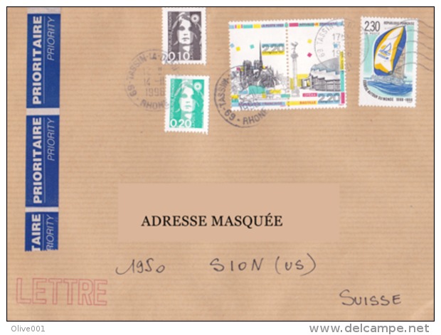 Lettre Voyagée En 1998 Tp  Monuments De Paris, Voile, Mariannes Du Bicentenaire Exc 2462 - Covers & Documents