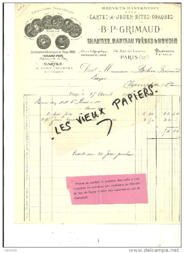 75 - Paris - PARIS - Facture GRIMAUD - Fabrique De Cartes à Jouer – 1906 - REF 47A - 1900 – 1949