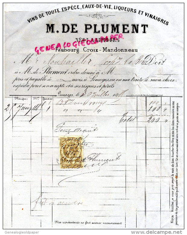 87 - LIMOGES - FACTURE 1885- M. DE PLUMENT - NEGOCIANT EAUX DE VIE LIQUEURS VINAIGRE-FG CROIX MANDONNEAU - 1800 – 1899