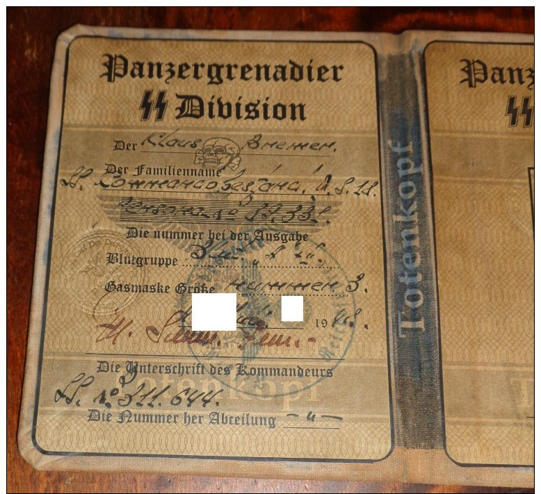 WW2 German SS Panzergrenadier Division "Totenkopf" ID, Document Auswies, Not Original - 1939-45