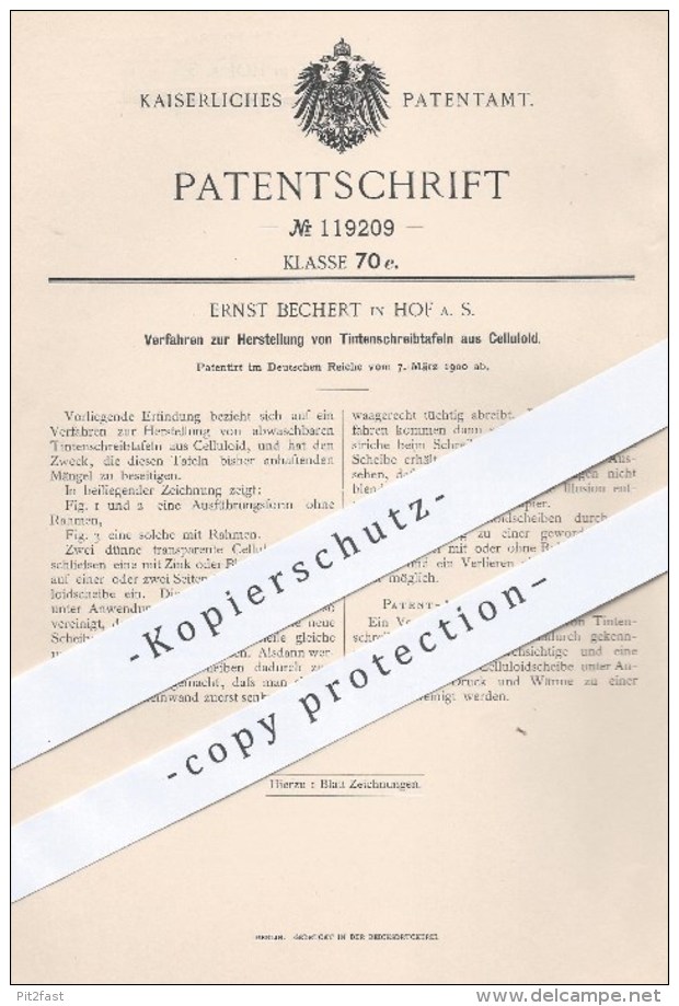 Original Patent - Ernst Bechert , Hof , 1900 , Tintenschreibtafeln Aus Celluloid | Tafeln , Tinte , Schreiben , Schule ! - Historische Dokumente