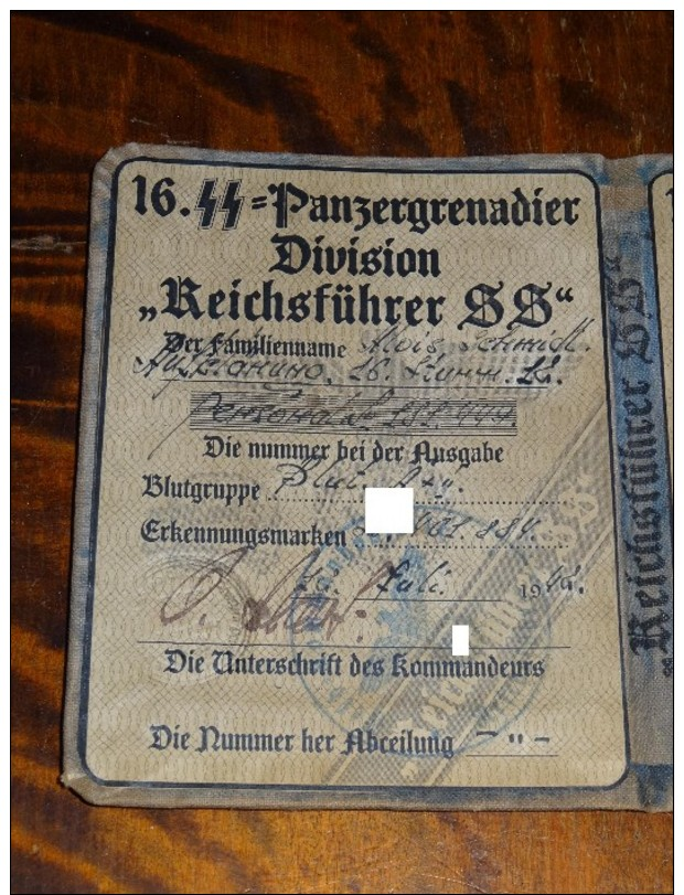 WW2 German 16. SS Panzergrenadier Division "Reichsfuhrer SS" ID, Document Auswies, Not Original (?) - 1939-45