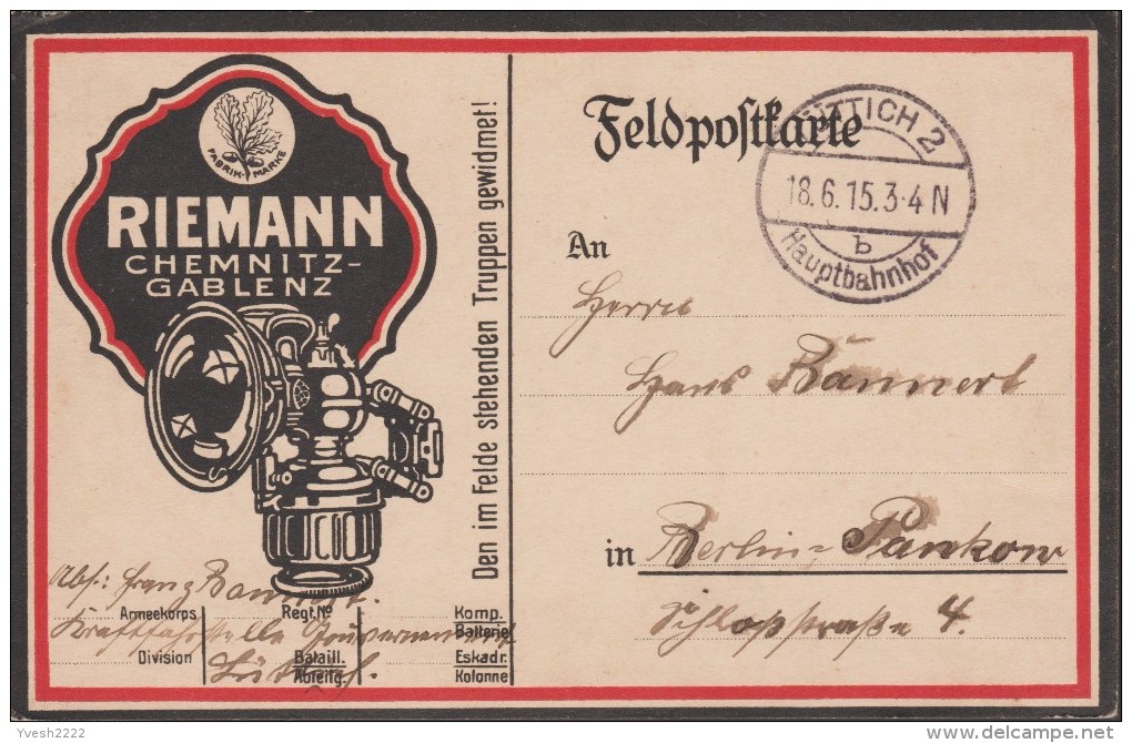 Allemagne 1915. Carte De Franchise Militaire. Lampe à Acétylène (ou Lampe à Carbure) De Riemann, Gaz - Chemie