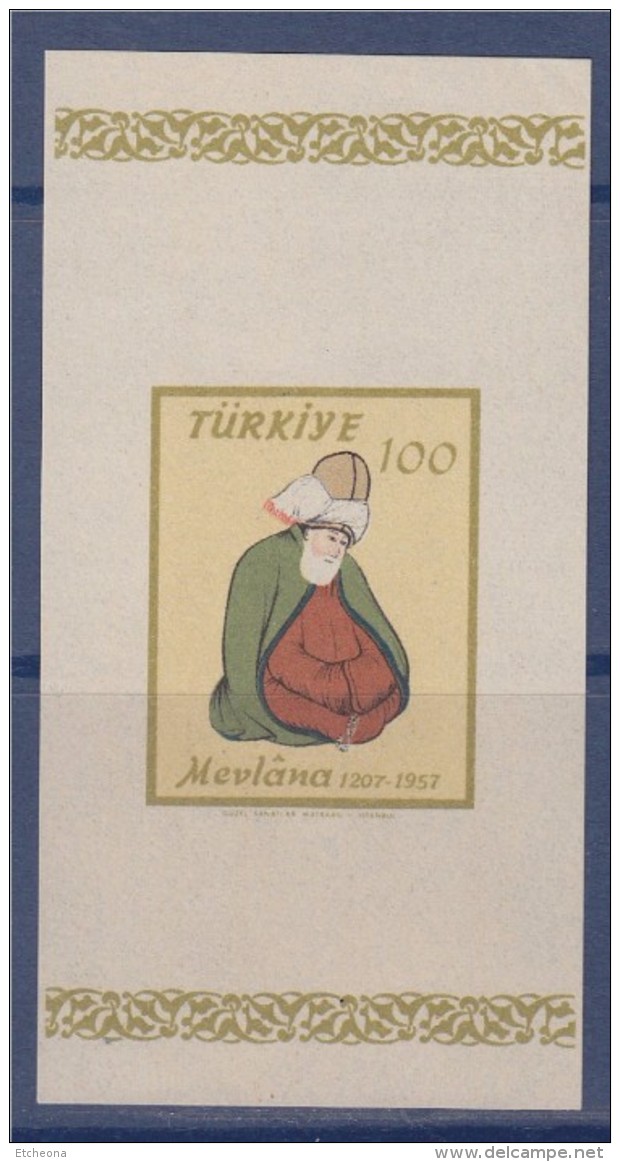= Bloc Turquie 1 Timbre Neuf Gommé 100 Mevlâna 1207-1957 - Blocchi & Foglietti