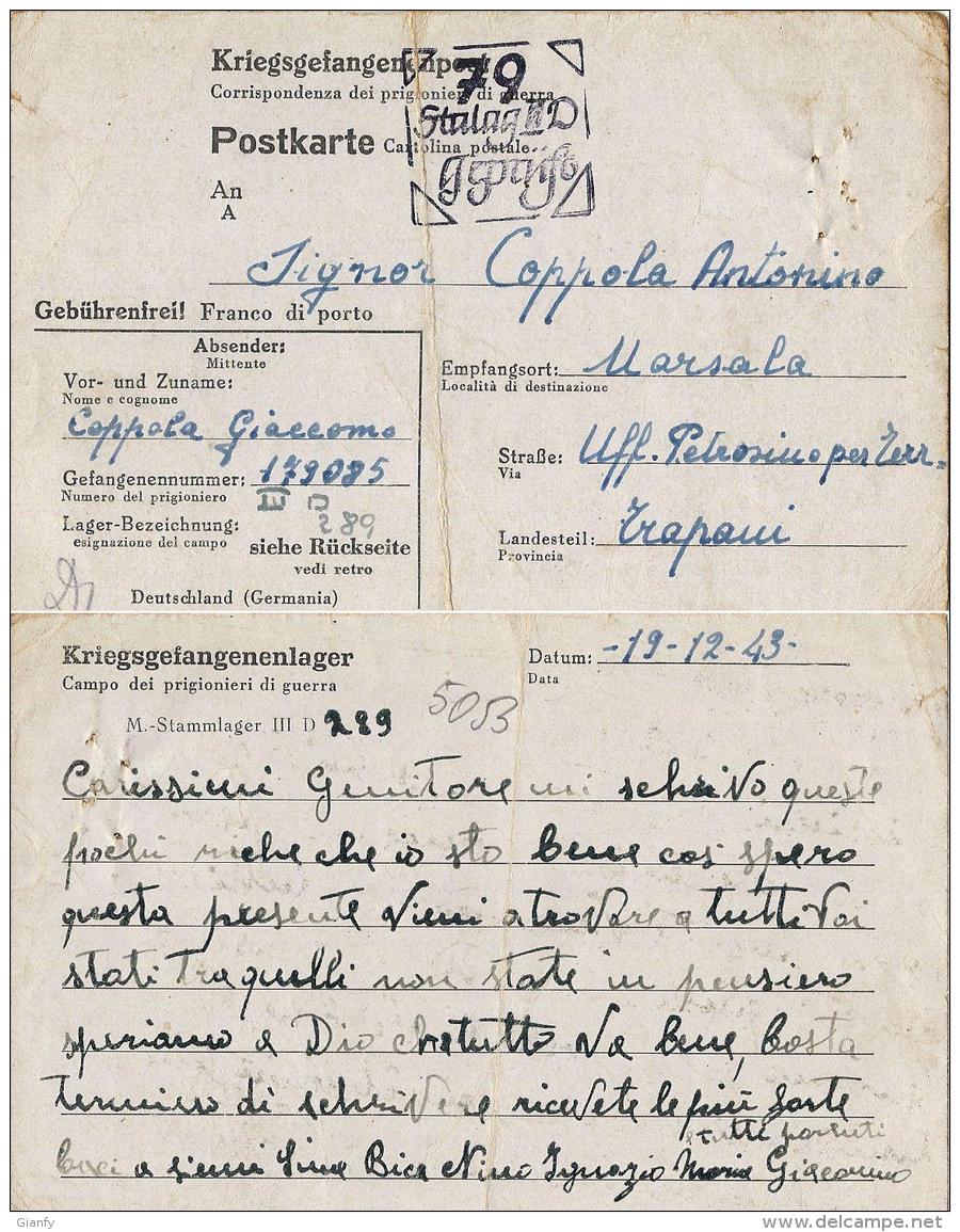 CARTOLINA POW CAMP STALAG III-D BERLIN-STEGLITZ GERMANIA 1943 MARSALA - Military Mail (PM)