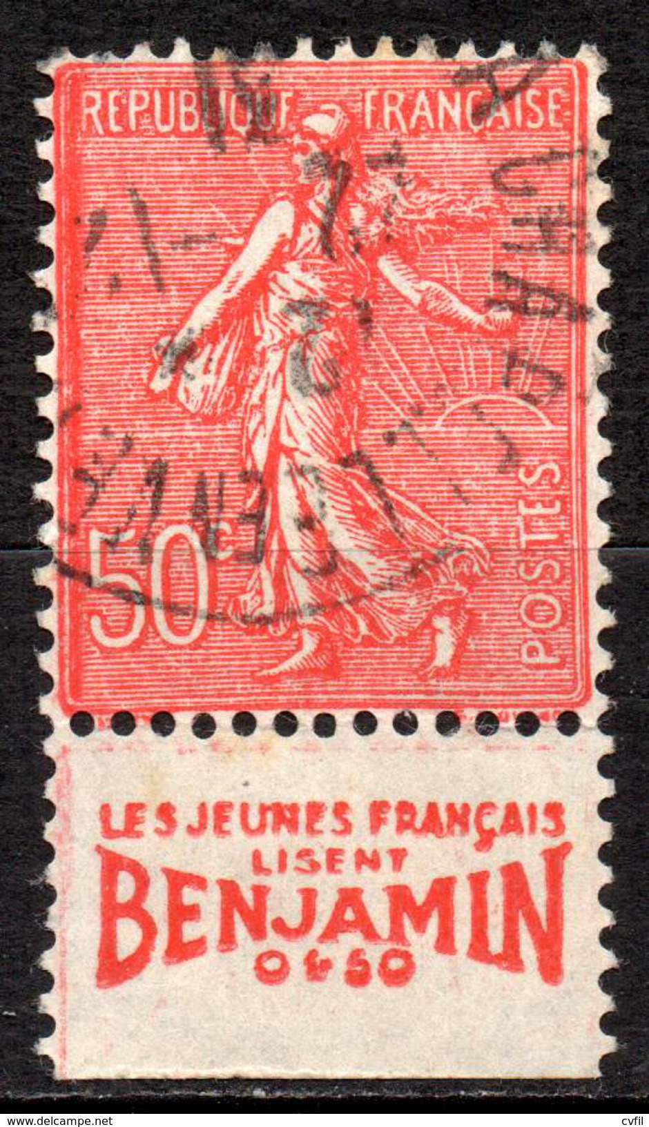 FRANCE 1924 - 50c Semeuse Lignée With "c" Closed Plus Publicity Label At Bottom - 1903-60 Sower - Ligned