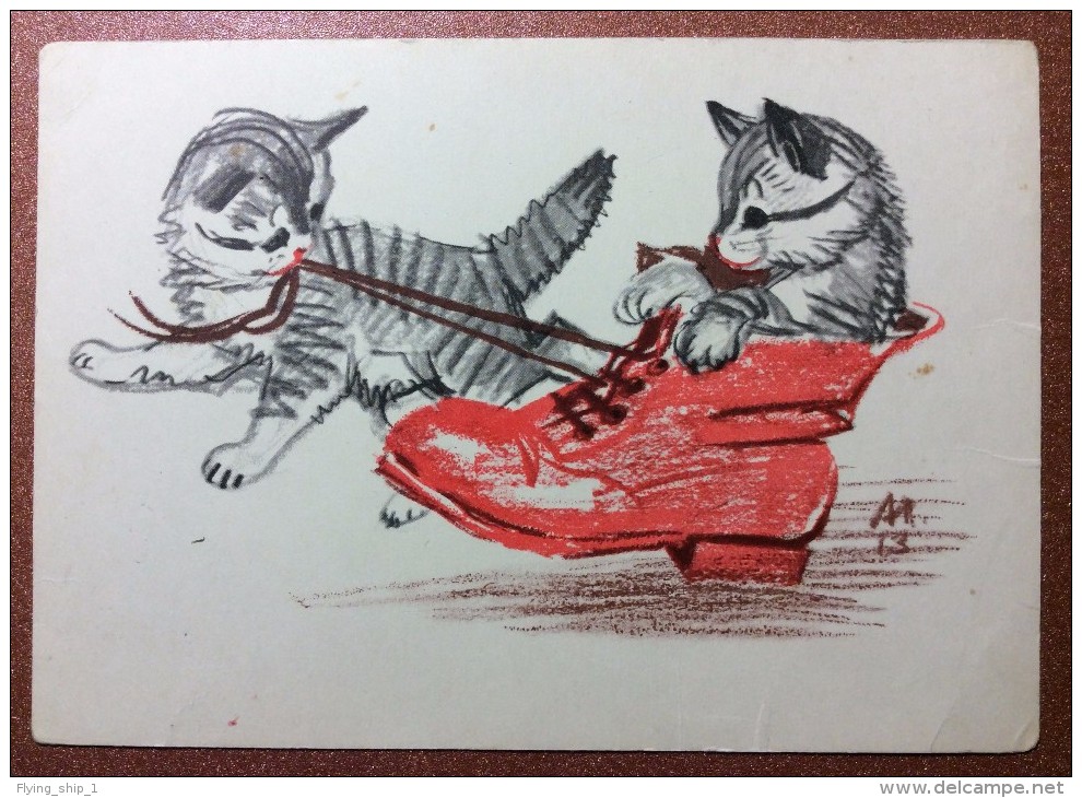 Vintage Russian Postcard 1964 Artist Signed  LAPTEV. Cat Kittens Ride In Red Shoe Like In A Car. - Katten