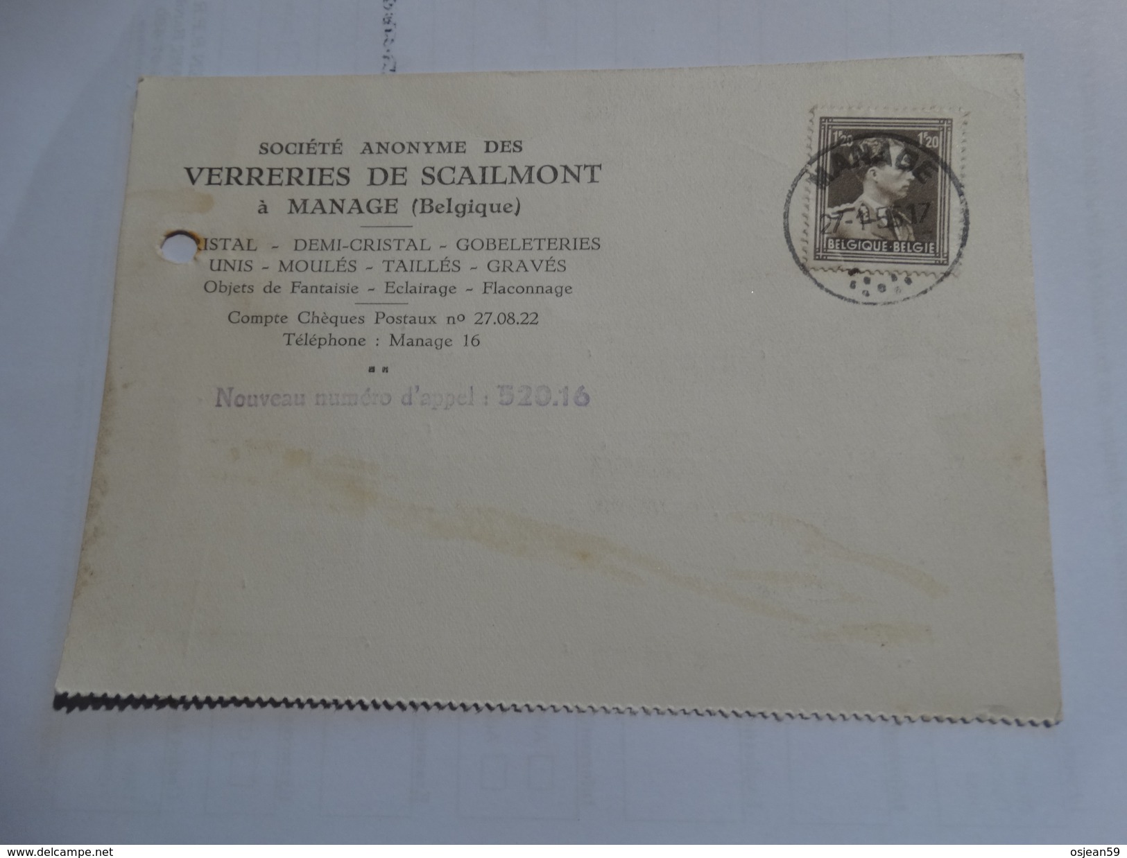 Carte Postale Publicitaire .Verreries De Scailmont à MANAGE - Werbung