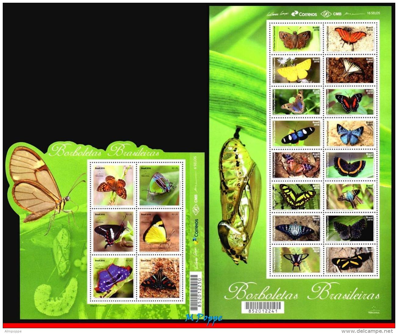 Ref. BR-V2016-23-3 BRAZIL 2016 INSECTS, BRAZILIAN BUTTERFLIES,, MERCOSUR ISSUE, BUTTERFLY, SHEET+MS MNH 22V - Papillons