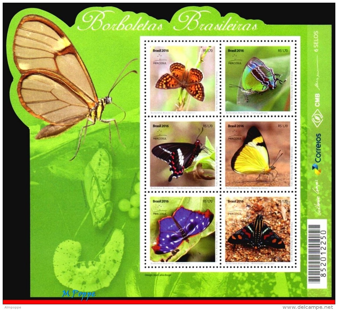 Ref. BR-V2016-23-3 BRAZIL 2016 INSECTS, BRAZILIAN BUTTERFLIES,, MERCOSUR ISSUE, BUTTERFLY, SHEET+MS MNH 22V - Papillons