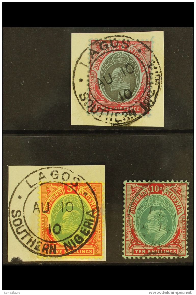 1907-11 2s6d To 10s Used, SG 41/43, 2s6d &amp; 5s "on Piece" With Full, Upright Lagos Cds. Pretty Group (3 Stamps)... - Nigeria (...-1960)