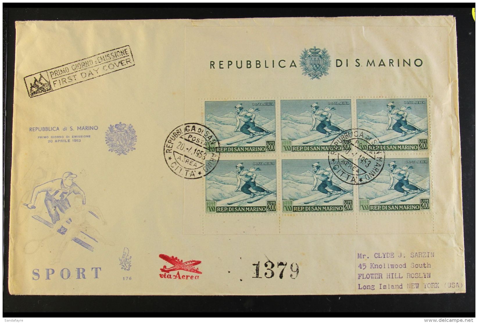1953 200L Sports - Skiing Air Sheetlet (Sassone 15) On Illustrated FIRST DAY COVER With Neat Typed Address, Some... - Other & Unclassified