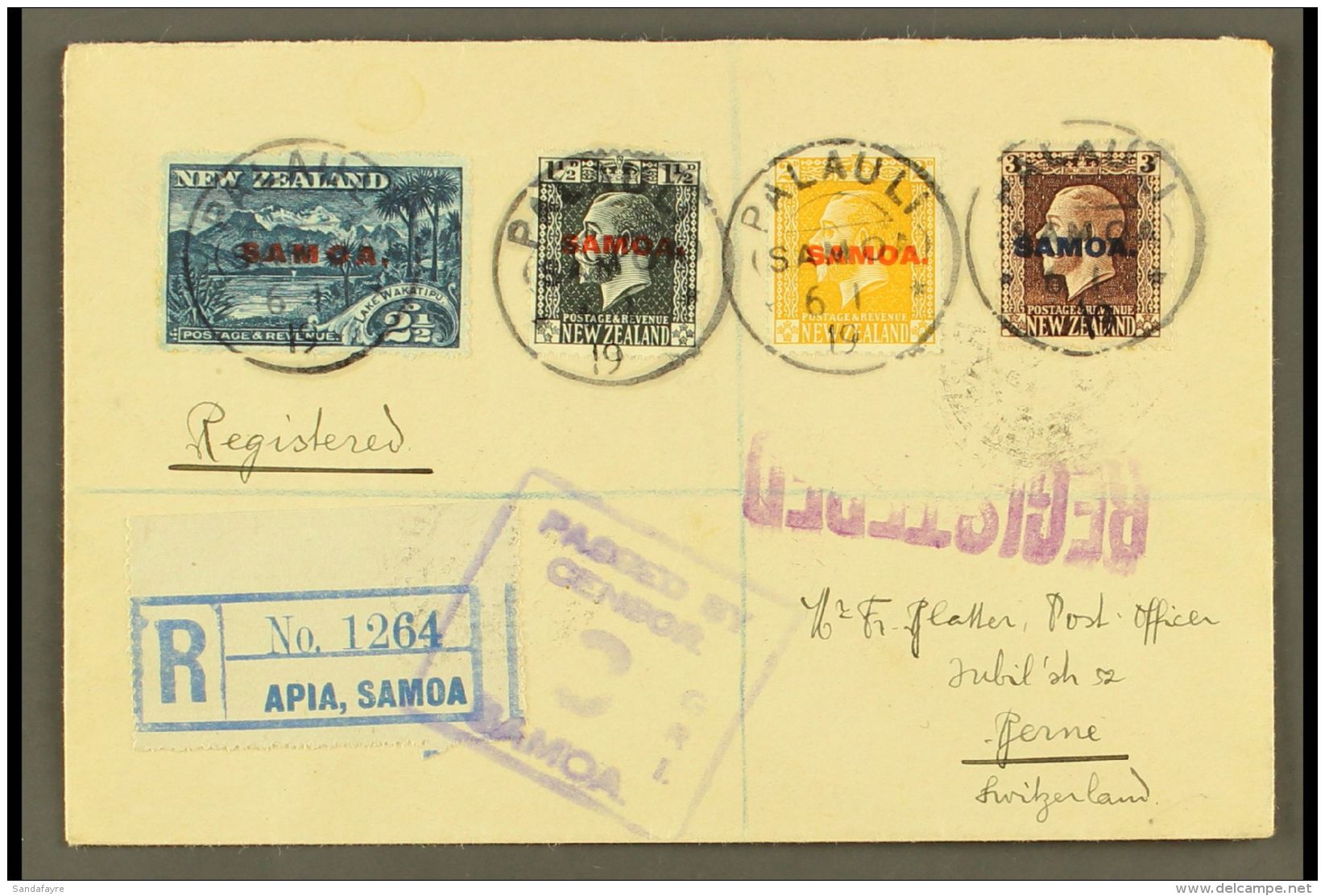 1919 (6 Jan) Registered Env To Switzerland Bearing The 1916 1&frac12;d, 2d, 2&frac12;d &amp; 3d Overprinted Stamps... - Samoa