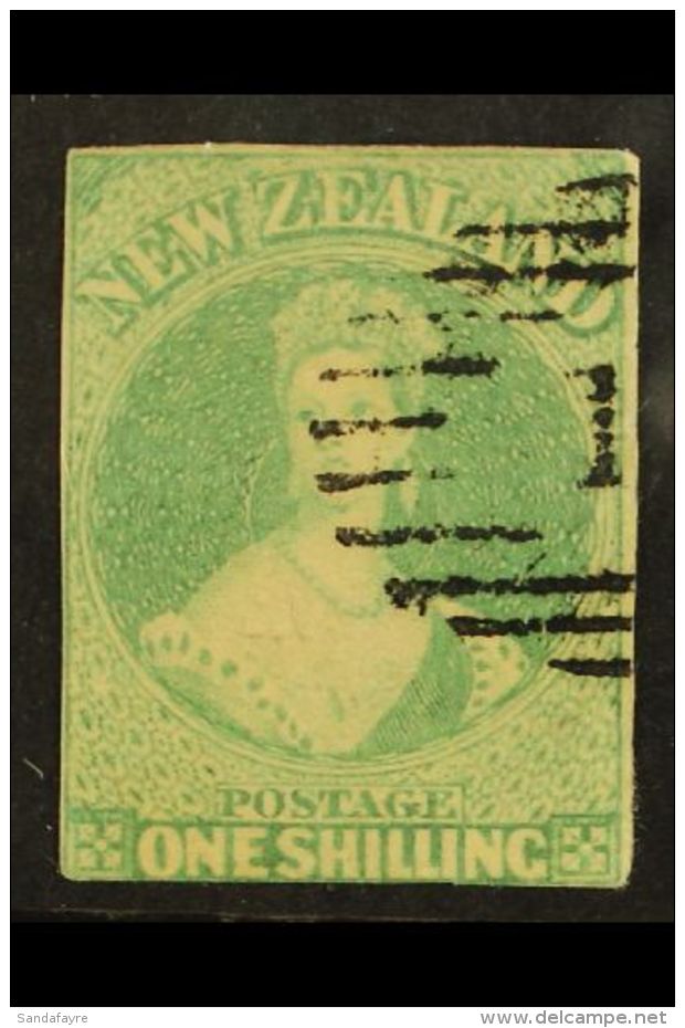 1857-63 1s Dull Emerald-green Imperf, No Watermark, SG 1, Used With Three Small Margins Just Touching At Foot, A... - Other & Unclassified