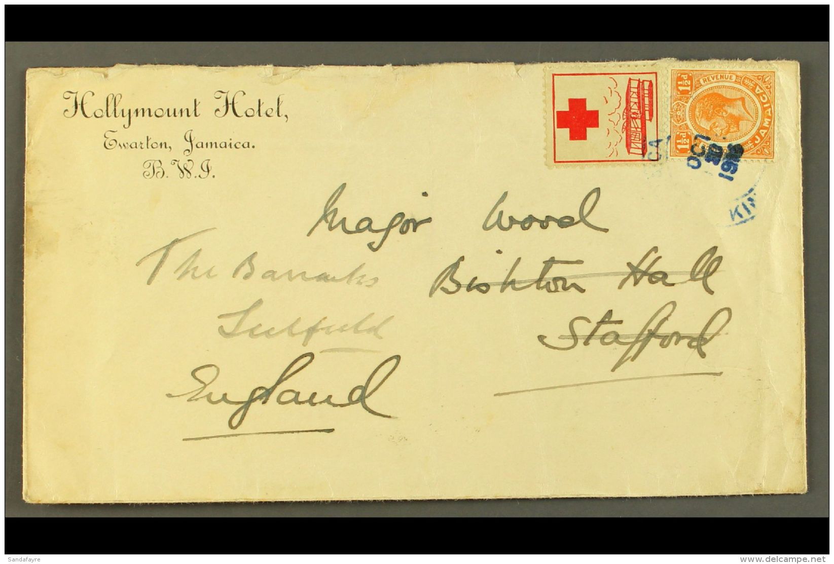 1916 (Oct 30) "Hollymount Hotel" Envelope To England Bearing 1&frac12;d KGV Plus Red Cross Bi-plane Label, Tied By... - Jamaica (...-1961)