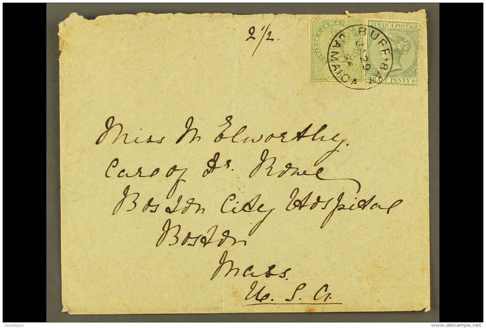 1894 (Jan 29) Envelope To USA Bearing QV &frac12;d &amp; 2d (SG 16a &amp; 28) Tied By Fine Crisp BUFF BAY Cds. For... - Jamaica (...-1961)
