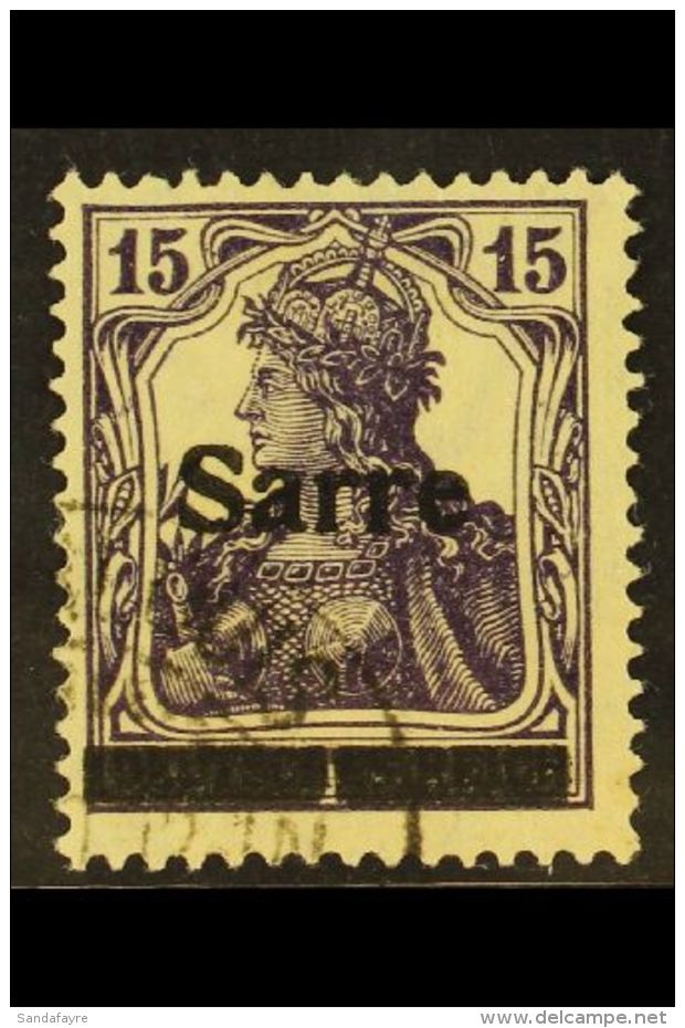 1920 15pf Dunkelblauviolett "Sarre" Overprint Type I With Divided Bar Variety, Michel 7c I A, Fine Cds Used,... - Sonstige & Ohne Zuordnung