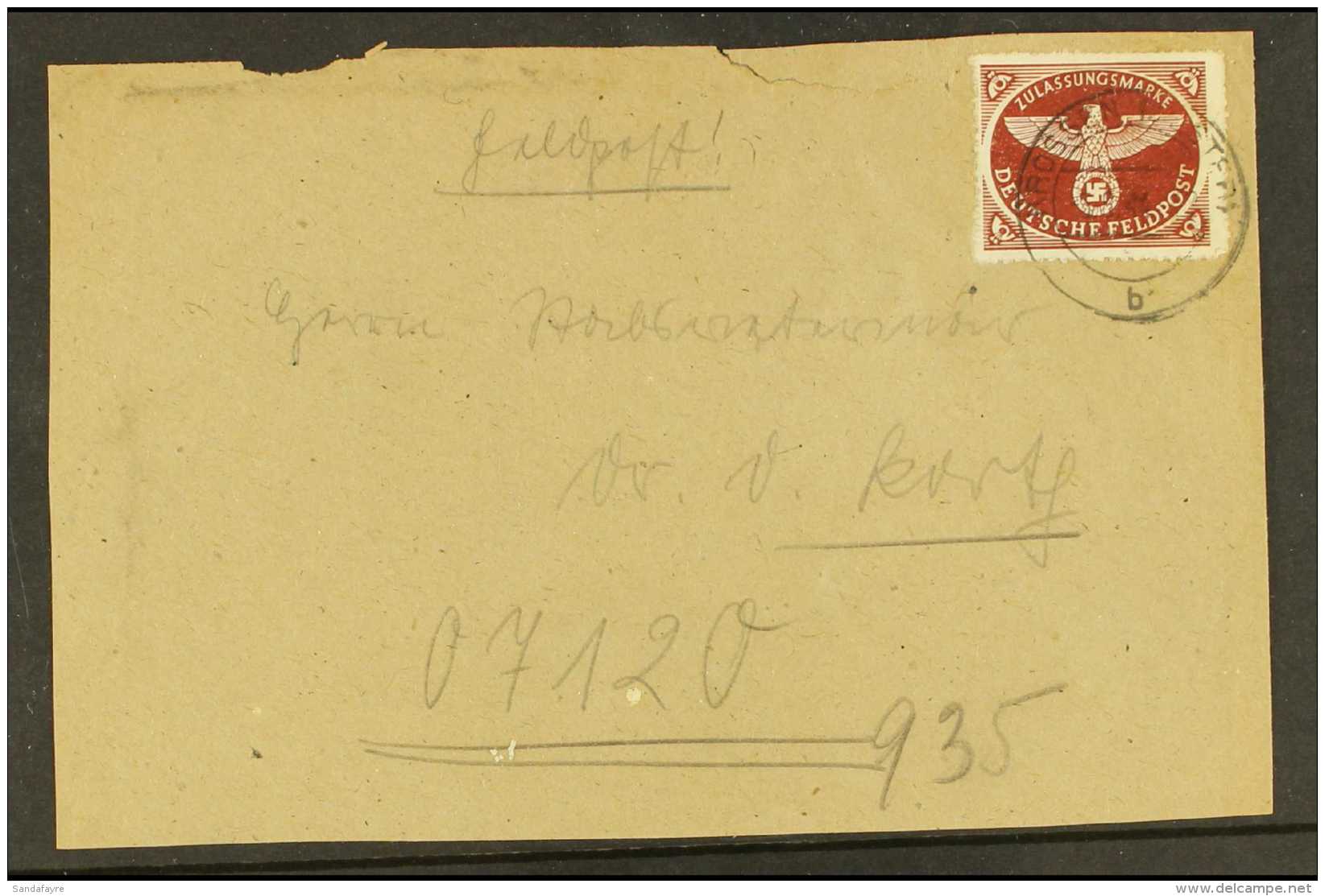 FELDPOST 1942/3 Brown Rouletted Sovereign Eagle, Mi 2B,  Tied By August 1944 Cds To Parcel Panel Showing Complete... - Other & Unclassified