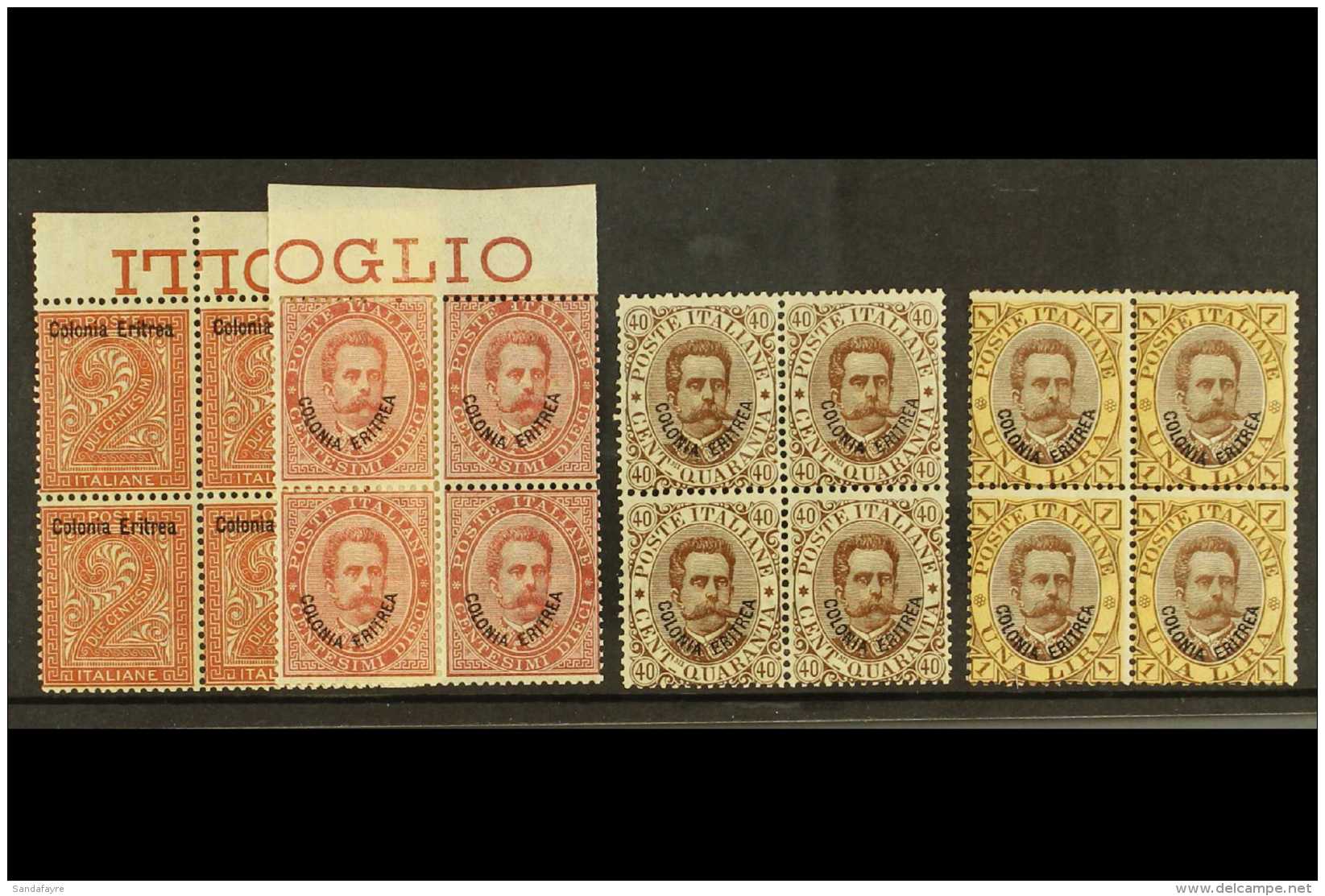 1893 2c Red Brown, 10c Carmine, 40c Brown And 1L Brown And Yellow, Sass 2, 4, 7, 10 In Superb NHM Blocks Of 4.... - Eritrea