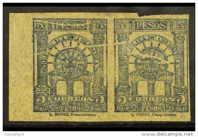 SANTANDER 1905 5 Peso Dark Blue, Imperf Pair On Onion Skin Paper, As Scott 28, Fine Mint Pair For More Images,... - Colombia