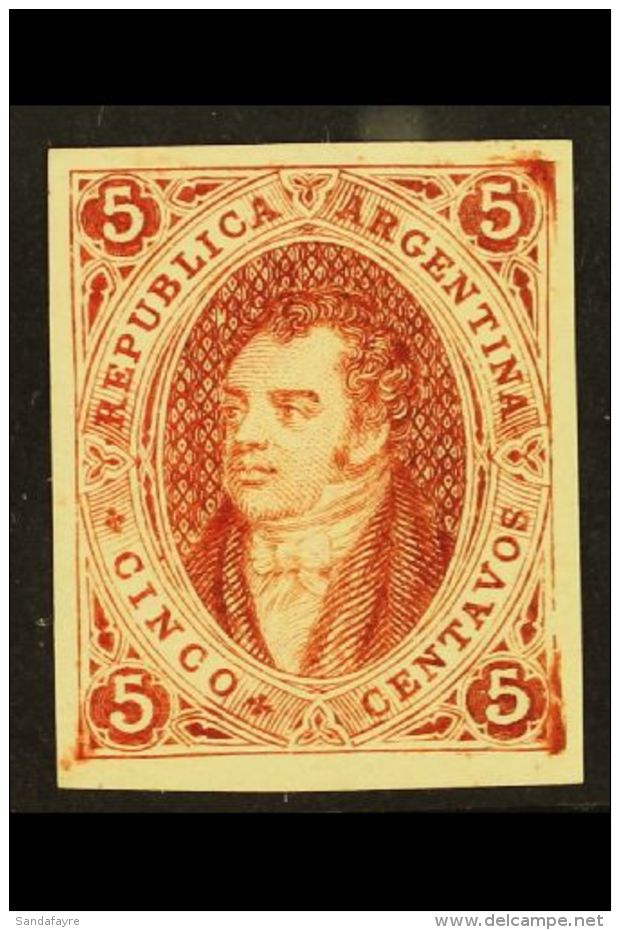 1864 IMPERF PLATE PROOF For The 5c Rivadavia Issue (Scott 8, SG 13) Printed In Brown-rose On Ungummed... - Sonstige & Ohne Zuordnung