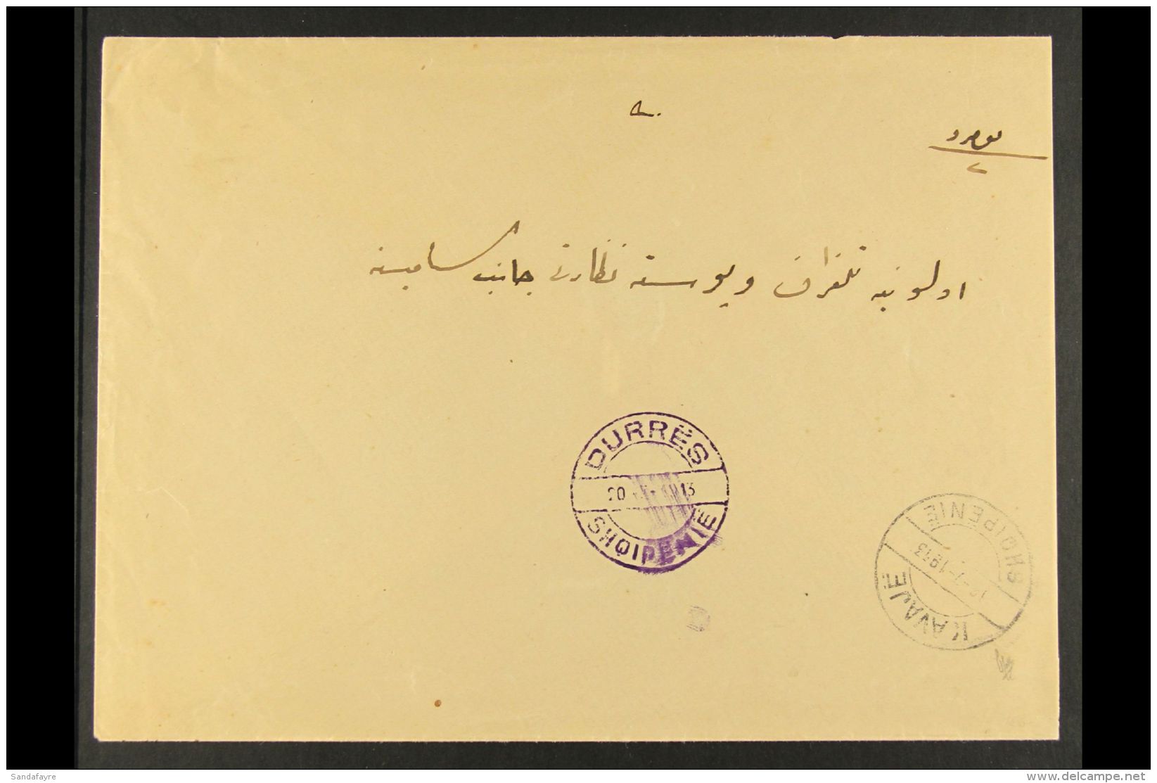 1913 (16 July) Stampless Cover, Addressed In Arabic, Bearing Very Fine KAVAJE Cds In Violet Black; Alongside Fine... - Albania