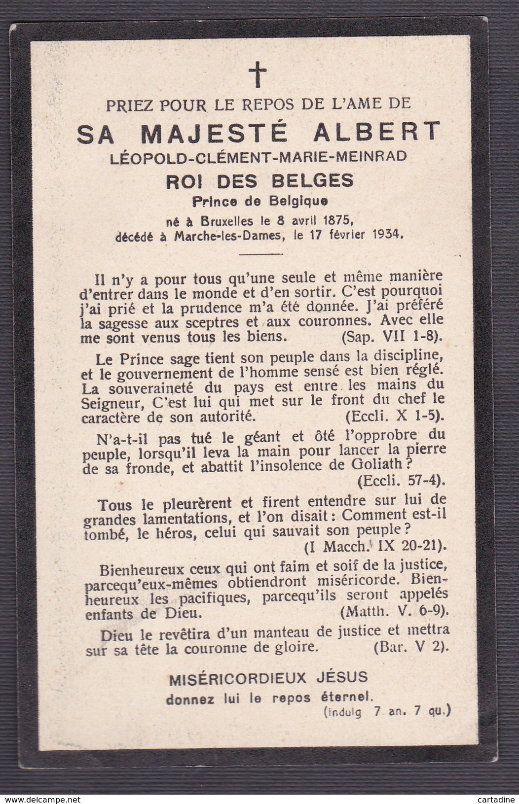 Faire-Part De Décès De Sa Majesté ALBERT- Roi Des Belges - 8 Avril 1875-17 Février 1934 - Décès