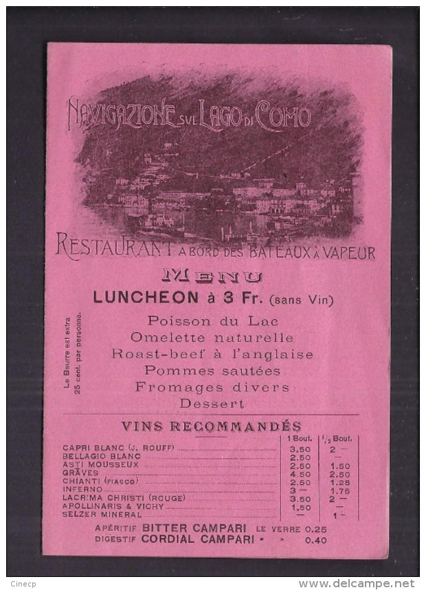 PUBLICITE BITTER CAMPARI ITALIE - NAVIGAZIONE LAGO DI COMO Illustration HOHENSTEIN ART NOUVEAU Dépliant Menu - Como