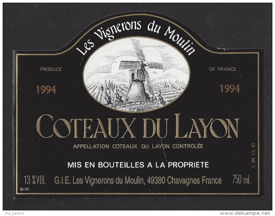 Etiquette De Vin Coteaux Du Layon 1994 - GIE Les Vignerons Du Moulin à Chavagnes  (49) - Moulin à Vent - Windmühlen