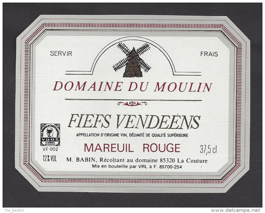 Etiquette De Vin Fiefs Vendéens 37.5 Cl  - Domaine Du Moulin  -  Thème Moulin à Vent - M.  Babin à La Couture (85) - Moulins à Vent