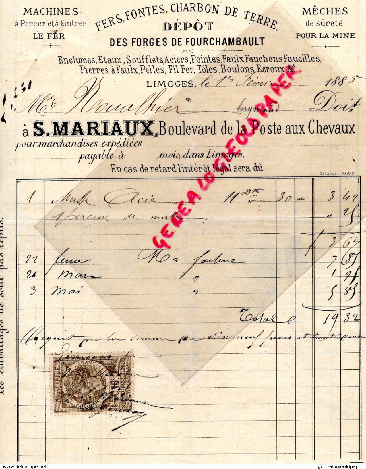 87 - LIMOGES - FACTURE S. MARIAUX BD DE LA POSTE AUX CHEVAUX- DEPOT FORGES FOURCHAMBAULT- FER FONTES CHARBON-1885 - 1800 – 1899