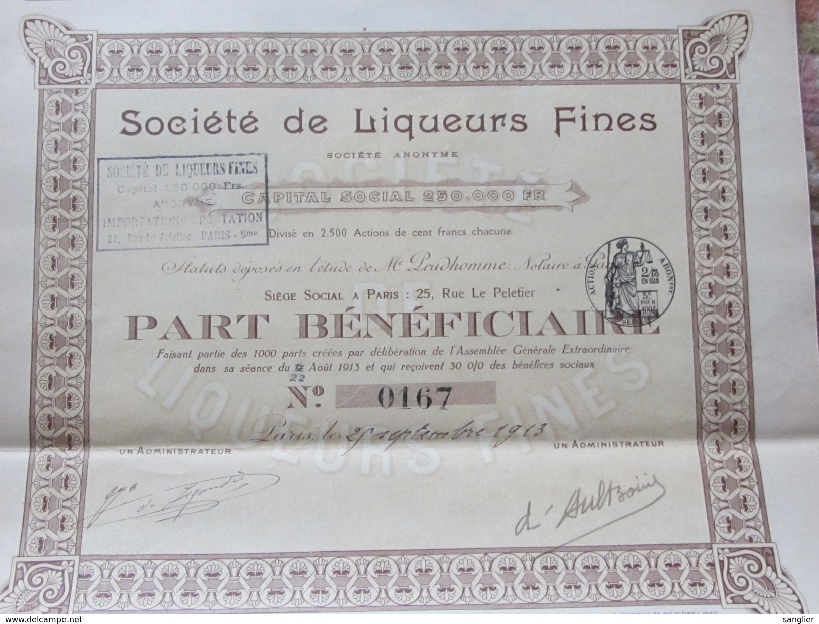 ACTION DE CENT FRANCS 1913 - SOCIETE DE LIQUEURS FINES - Andere & Zonder Classificatie