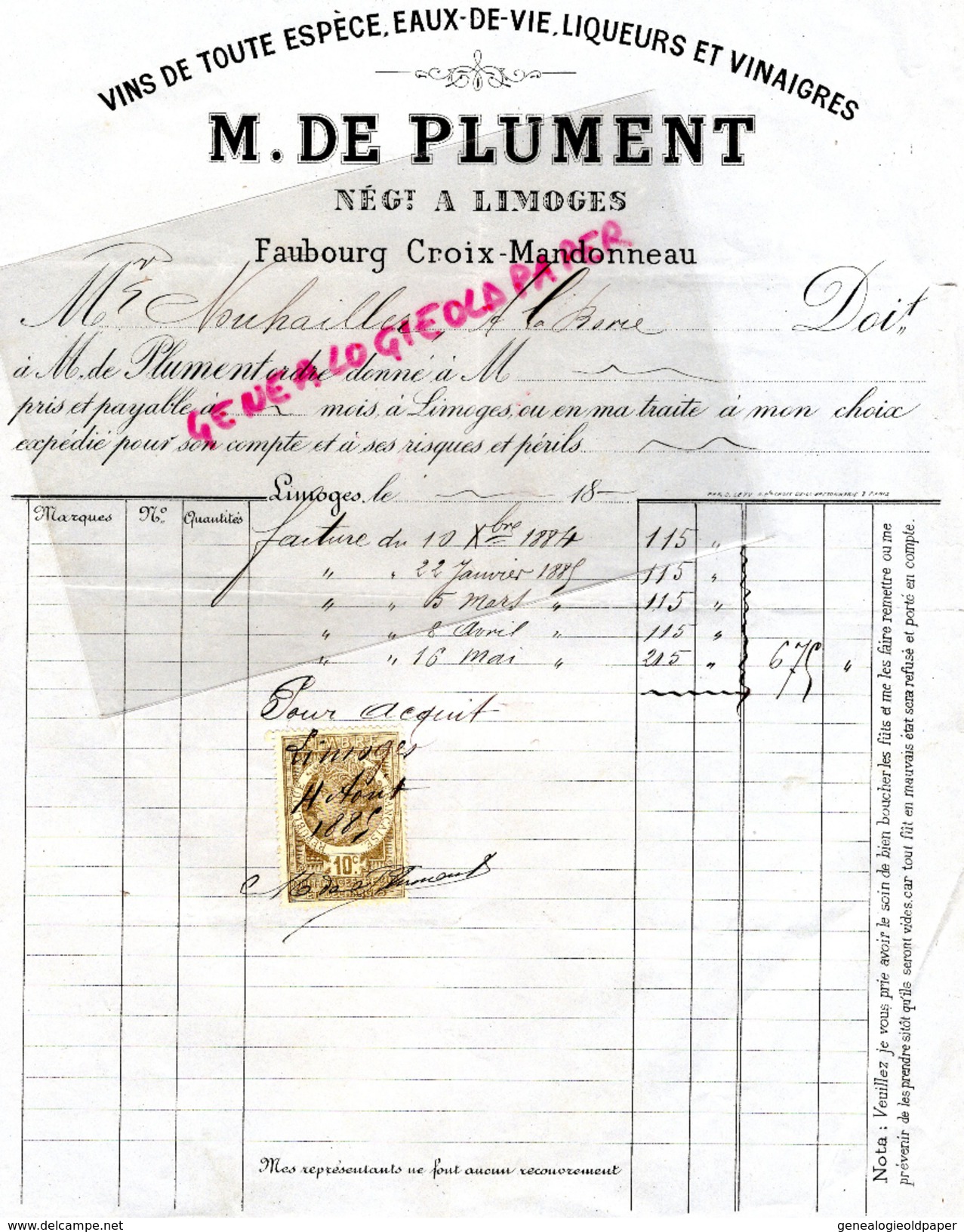 87 - LIMOGES - FACTURE M.DE PLUMENT-MARCHAND DE VINS -EAUX DE VIE-VINAIGRE- FG CROIX MANDONNEAU-1885 - 1800 – 1899