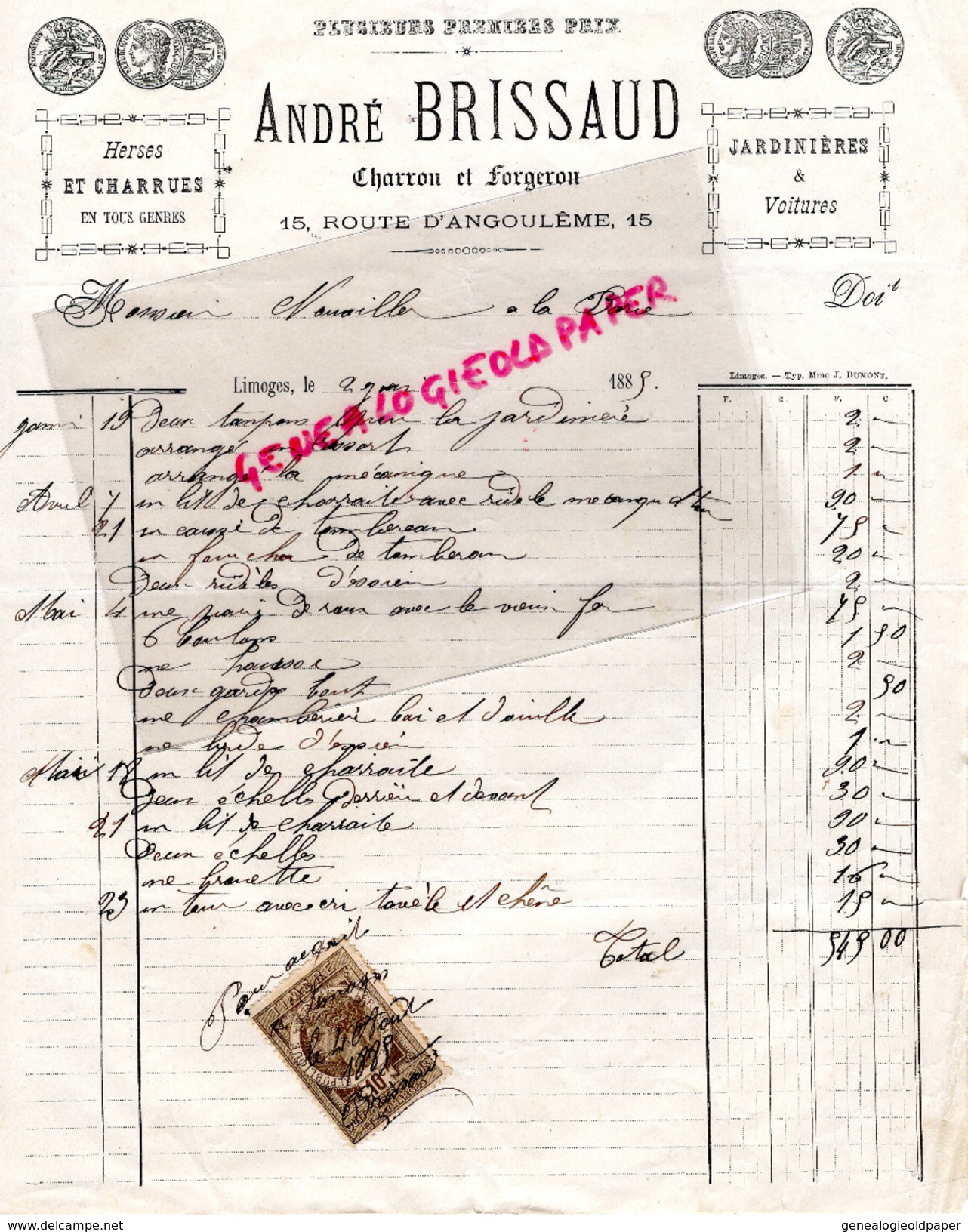 87 - LIMOGES - FACTURE ANDRE BRISSAUD -CHARRON ET FORGERON-15 ROUTE D' ANGOULEME- 1885 - 1800 – 1899