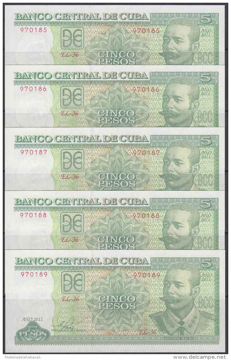 2011-BK-113 CUBA 2011. 5$. ANTONIO MACEO. 5 CONSECUTIVE UNC. - Cuba