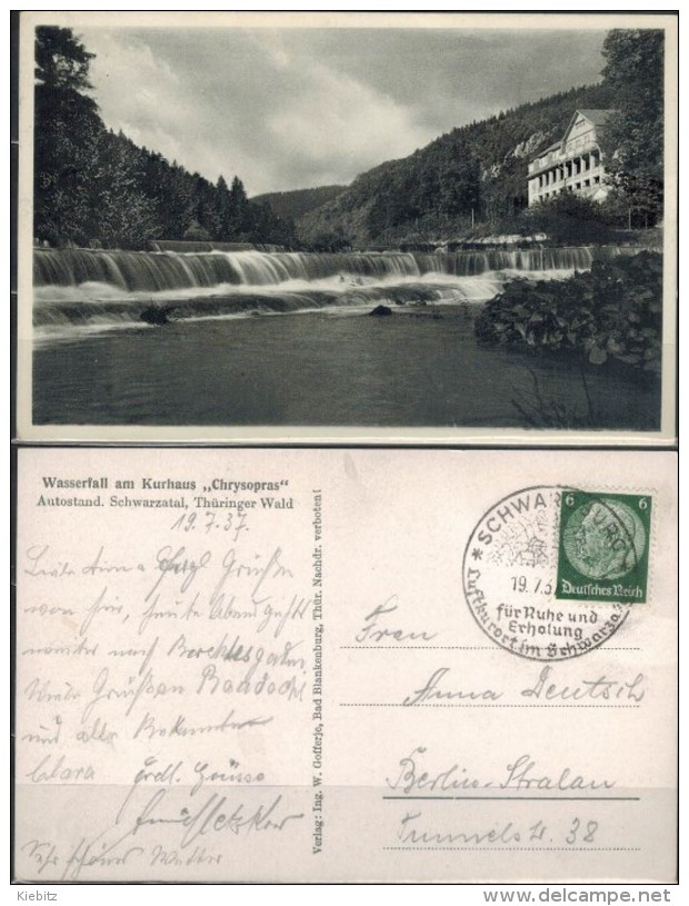 Thüringen Schwarzburg - Wasserfall Kurhaus Chrysopras  SStmp.  Gelaufen 1937 - Saalfeld